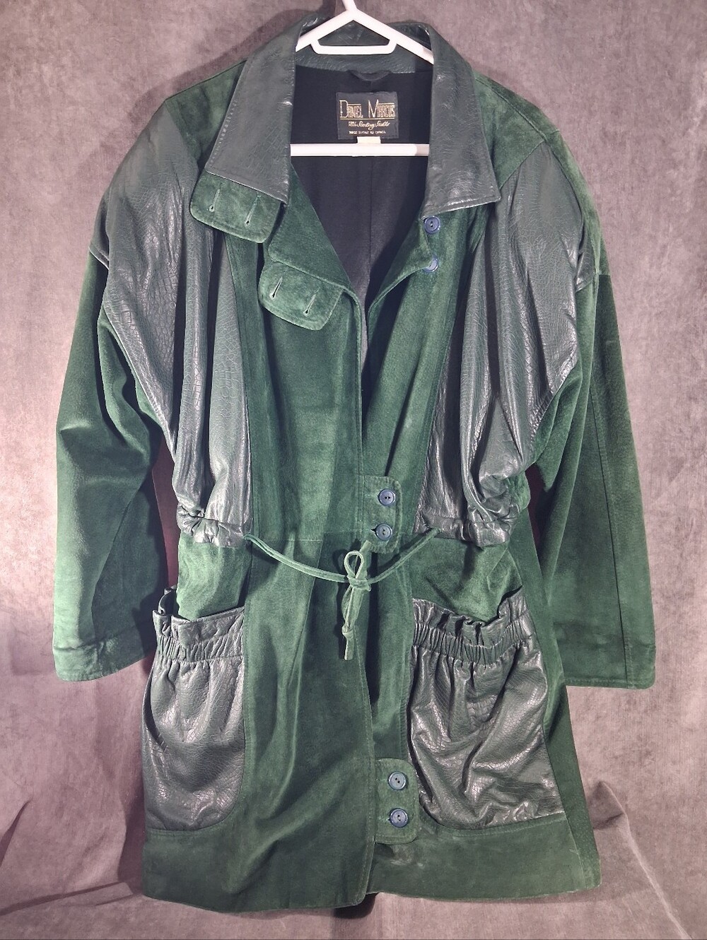 80s Daniel Marcus Dark Green Panel Suede & Leather Button Up Trench Coat VG- 10